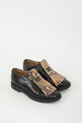 Black Leather Printed Kiltie Fringe Oxford