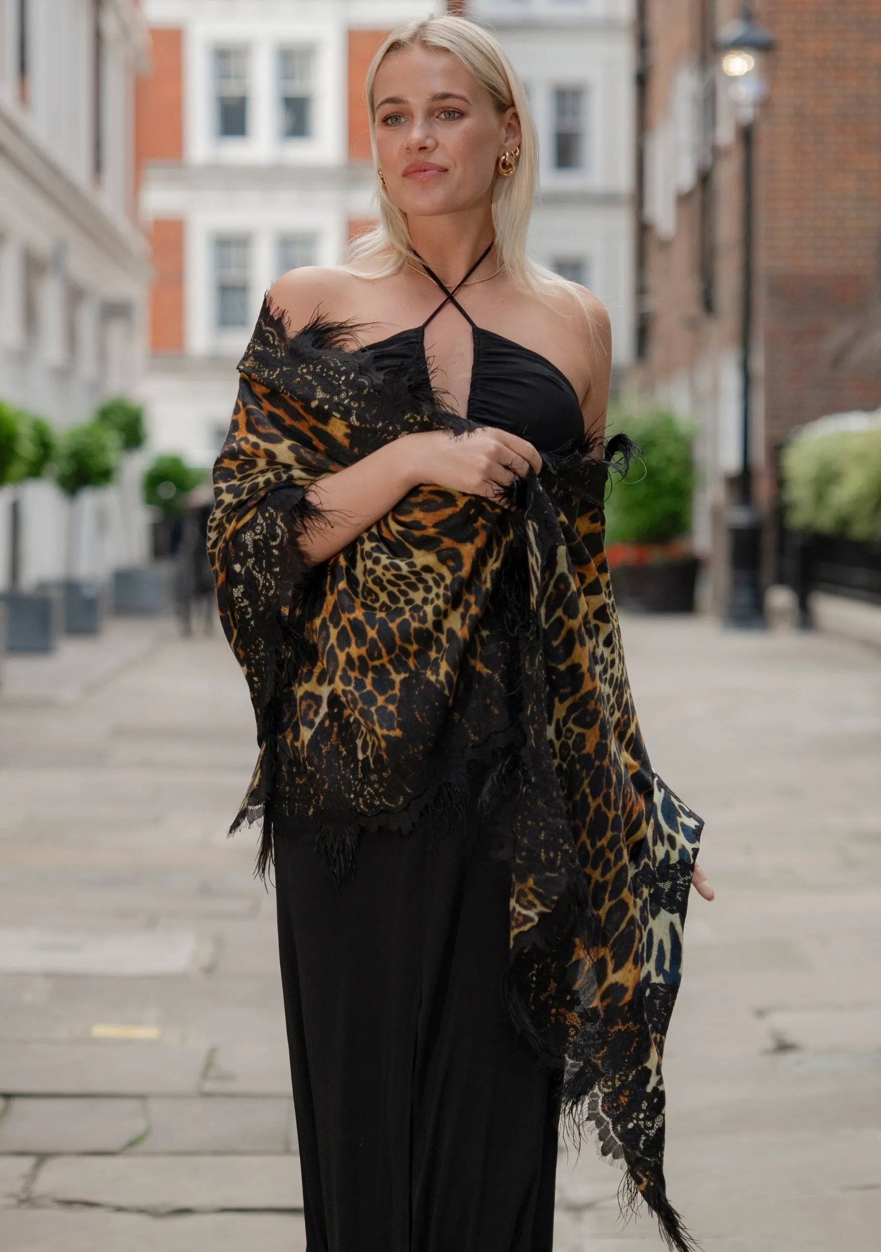 Black Leopard Print Wool and Silk Scarf with a Black Chantilly Lace Border and Black Ostrich Feathers