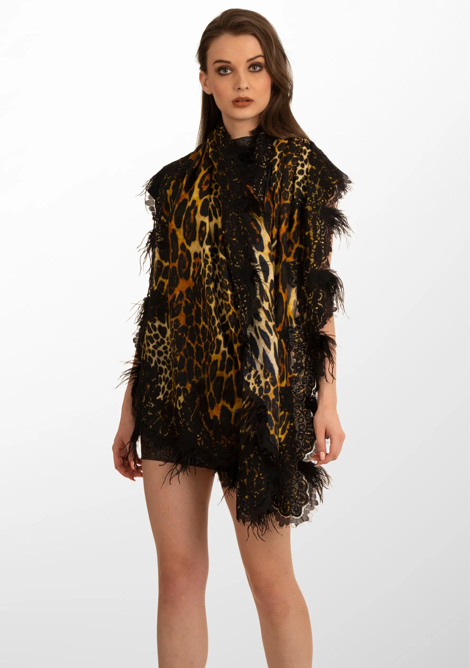 Black Leopard Print Wool and Silk Scarf with a Black Chantilly Lace Border and Black Ostrich Feathers