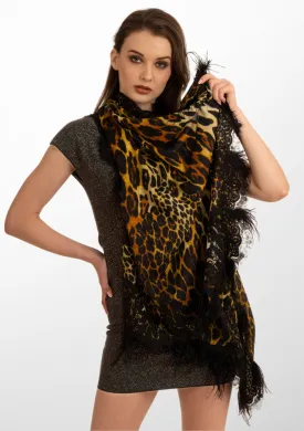 Black Leopard Print Wool and Silk Scarf with a Black Chantilly Lace Border and Black Ostrich Feathers