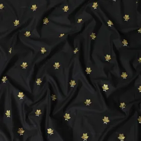 Black linen fabric with gold embroidery in floral design-11218