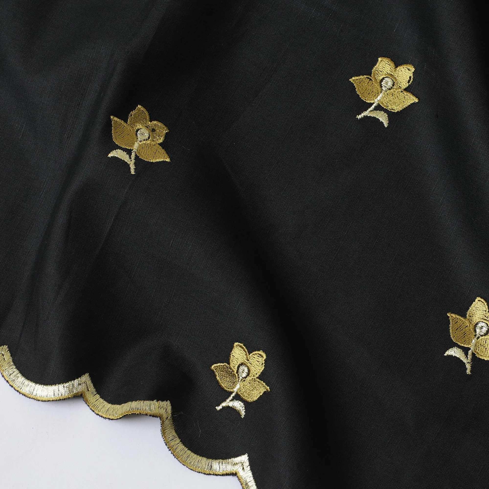 Black linen fabric with gold embroidery in floral design-11218