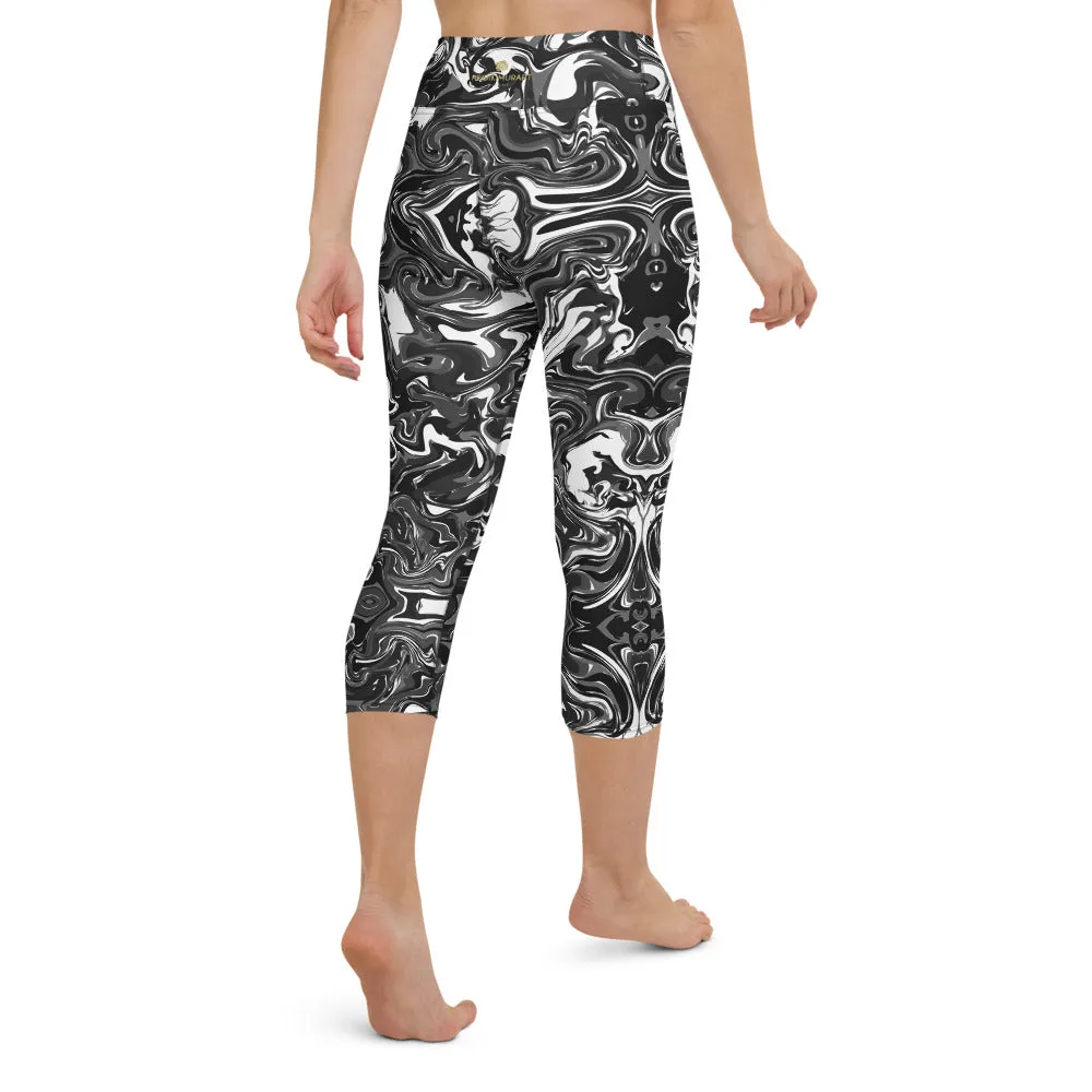 Black Marbled Yoga Capri Leggings, Grey White Marble Print Capris Tights-Made in USA/EU