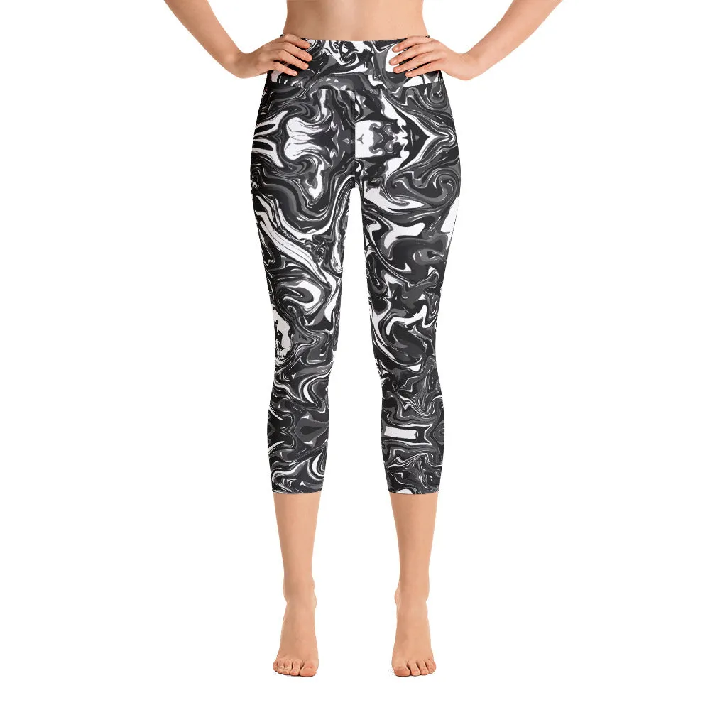 Black Marbled Yoga Capri Leggings, Grey White Marble Print Capris Tights-Made in USA/EU