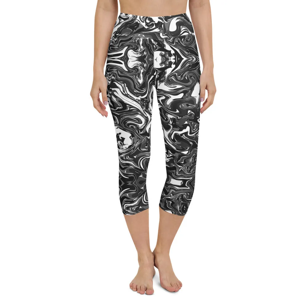 Black Marbled Yoga Capri Leggings, Grey White Marble Print Capris Tights-Made in USA/EU