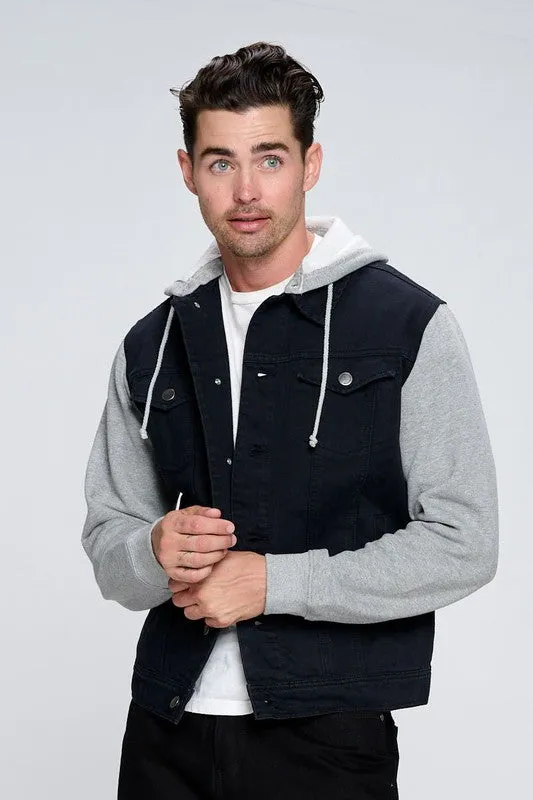 Black Men's Denim Jacket With Fleece Hoodies