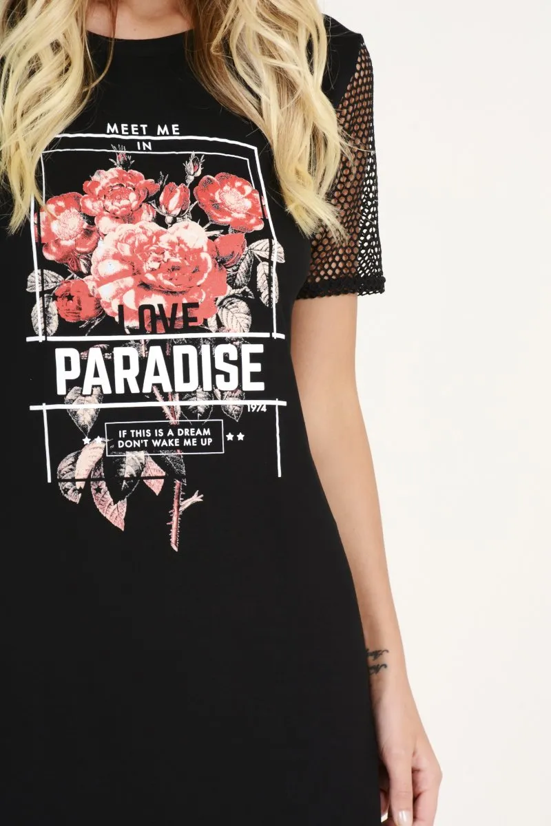 Black Mesh Love Paradise Slogan T-shirt Dress - Sally