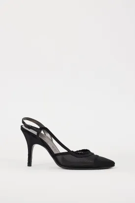 Black Mesh Ruffled Logo Heel