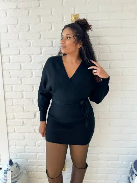 Black Mini Wrap Sweater Dress