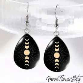 Black Moon Phase Glass Teardrop Dangle Earrings