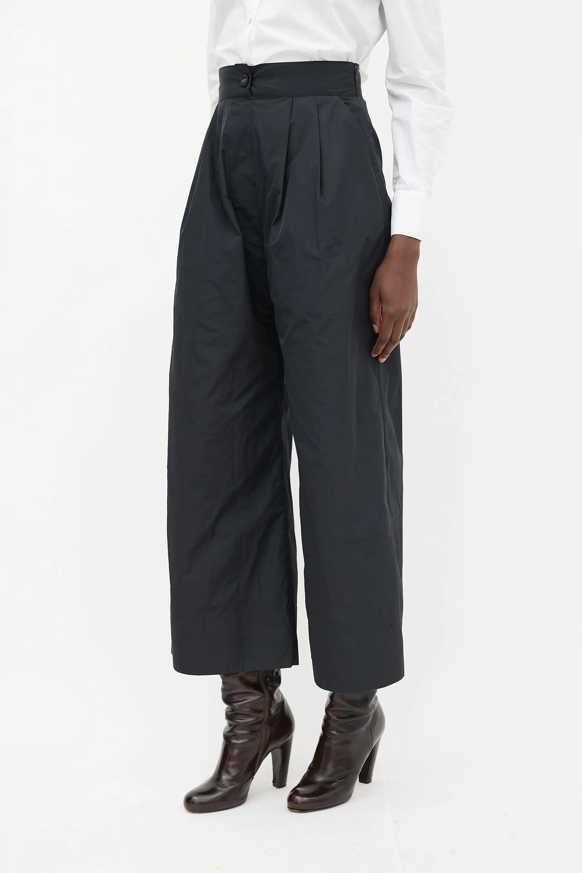 Black Nylon Wide Leg Trousers