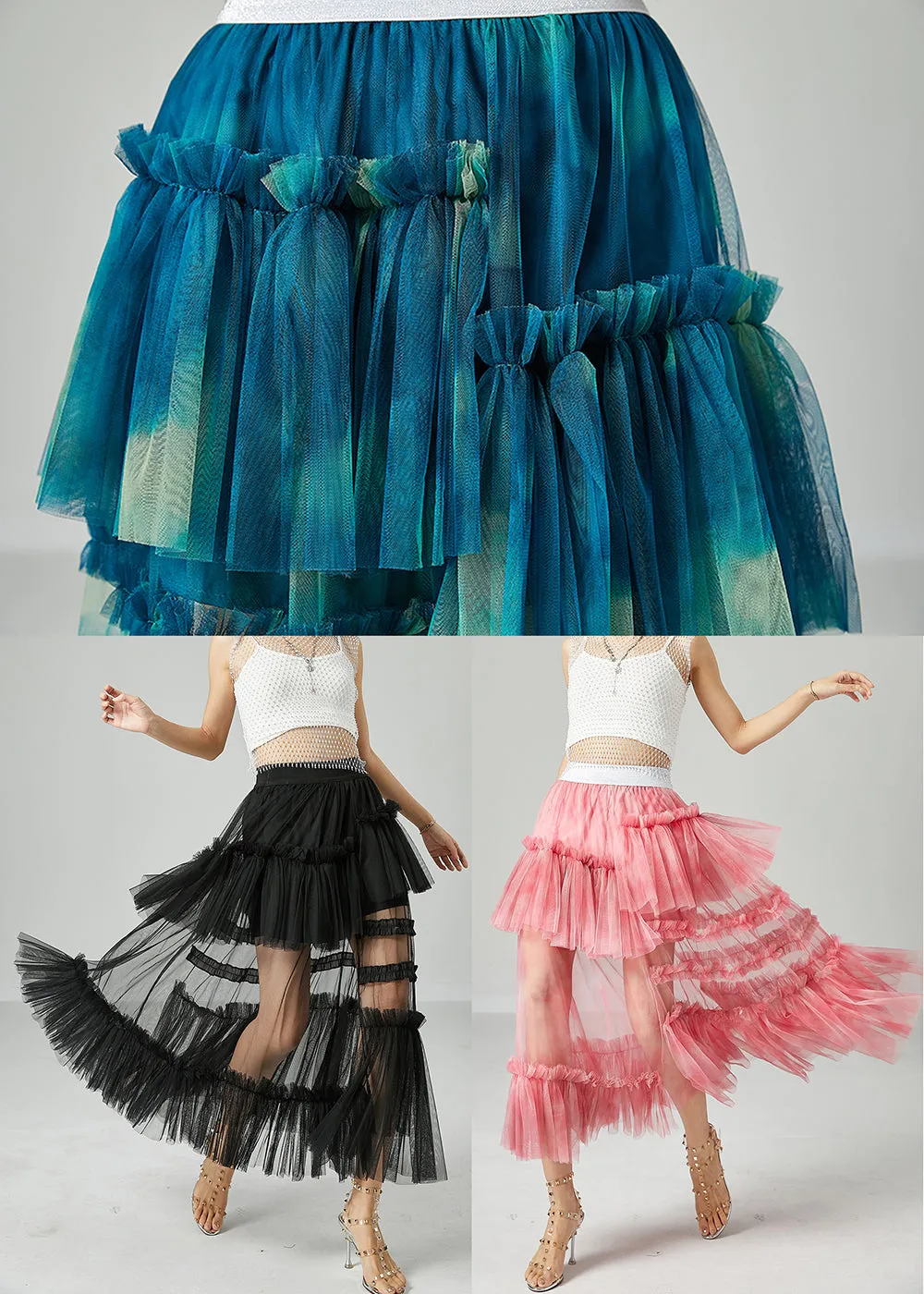 Black Patchwork Tulle A Line Skirts Wrinkled Exra Large Hem Summer LY2418