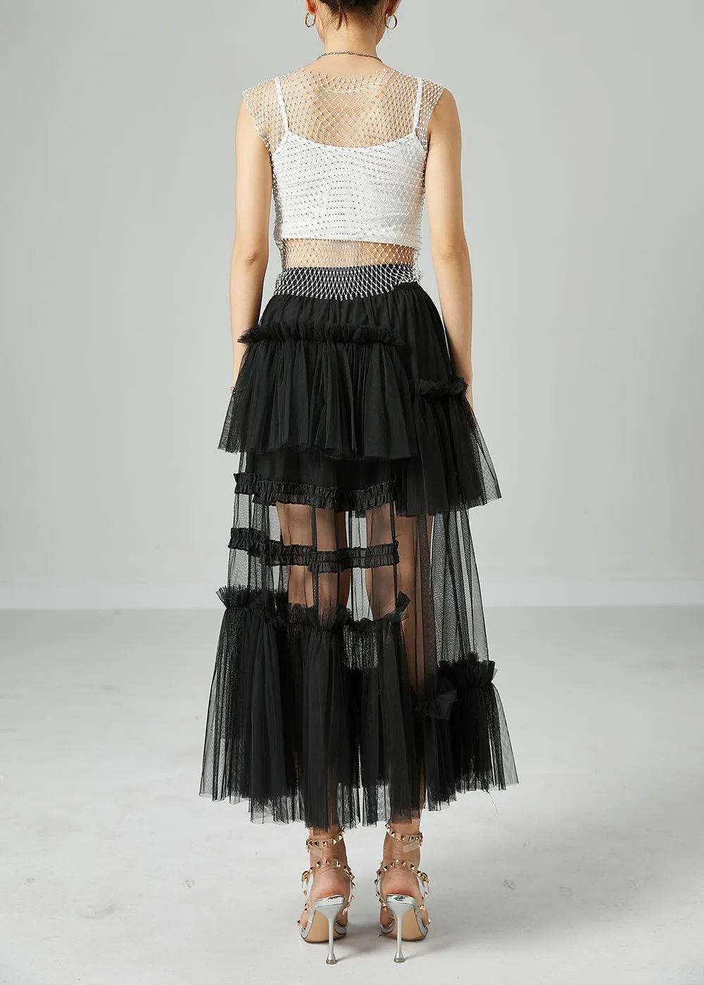 Black Patchwork Tulle A Line Skirts Wrinkled Exra Large Hem Summer LY2418