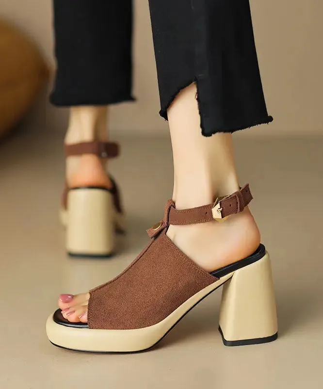 Black Peep Toe Buckle Strap Splicing Suede Chunky High Heels LY8272