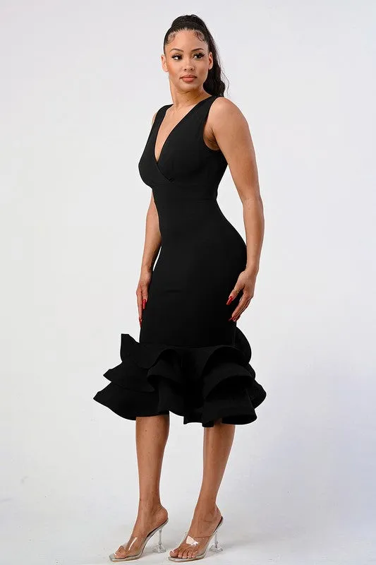 Black Plunging 3-tier Ruffle-hem Dress