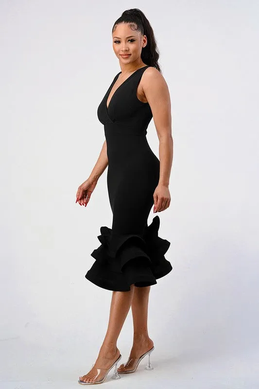 Black Plunging 3-tier Ruffle-hem Dress