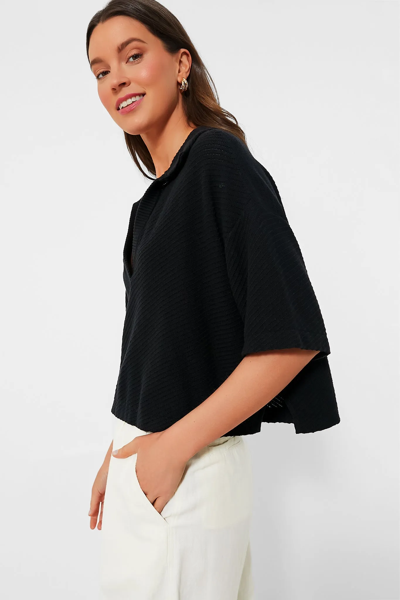 Black Pointelle Knit Gia Polo