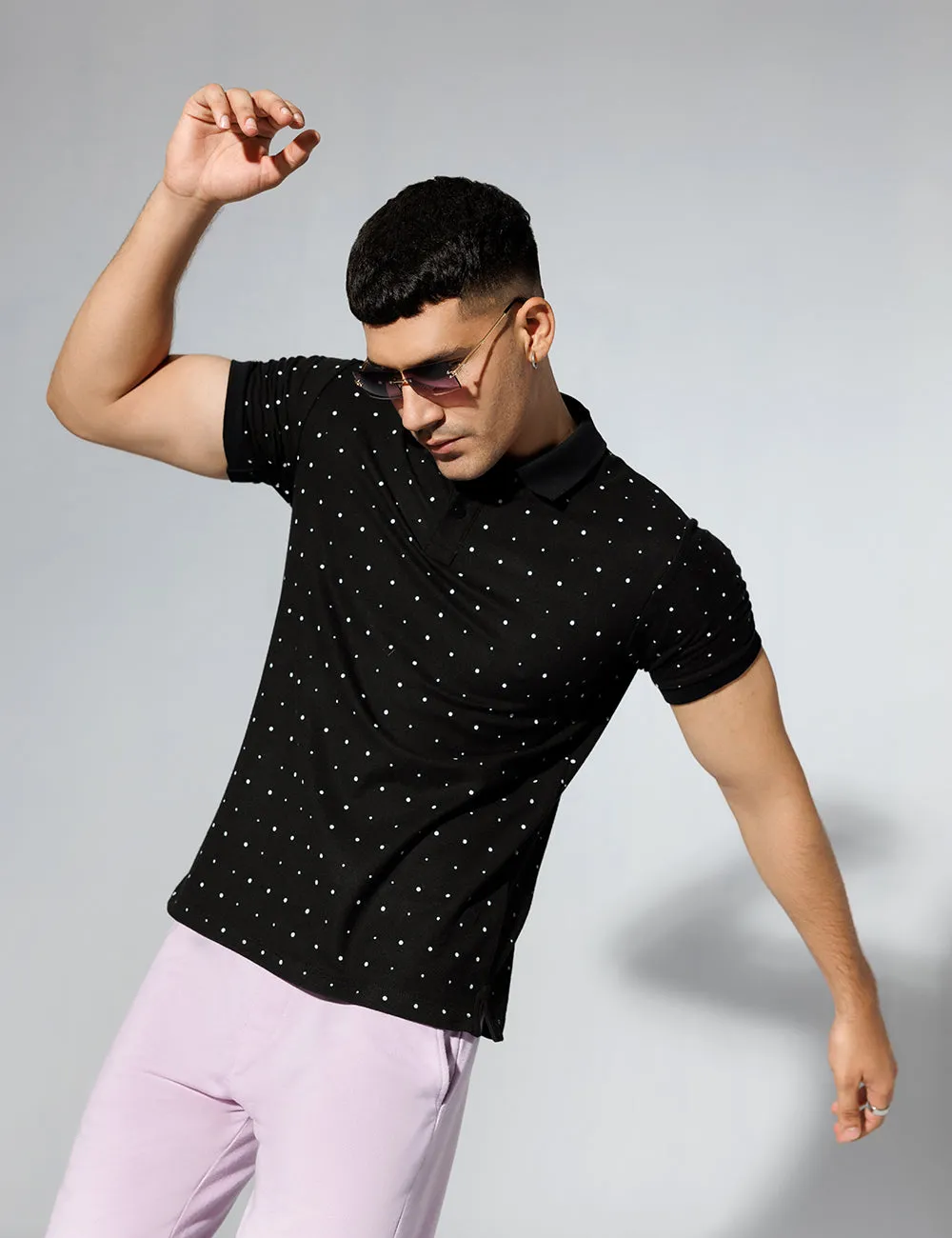 Black Polka Dot Printed Polo Shirt