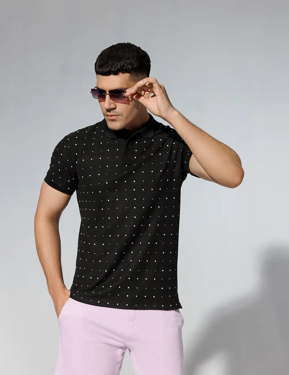 Black Polka Dot Printed Polo Shirt