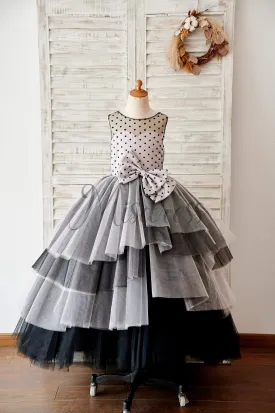 Black Polka Dots Tulle Corset Back Ball Gown Cupcake Wedding Flower Girl Dress