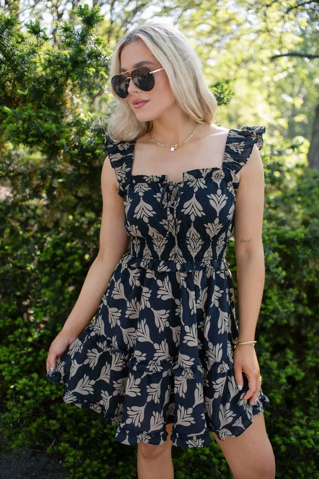 Black Print Ruffled Mini Dress - FINAL SALE