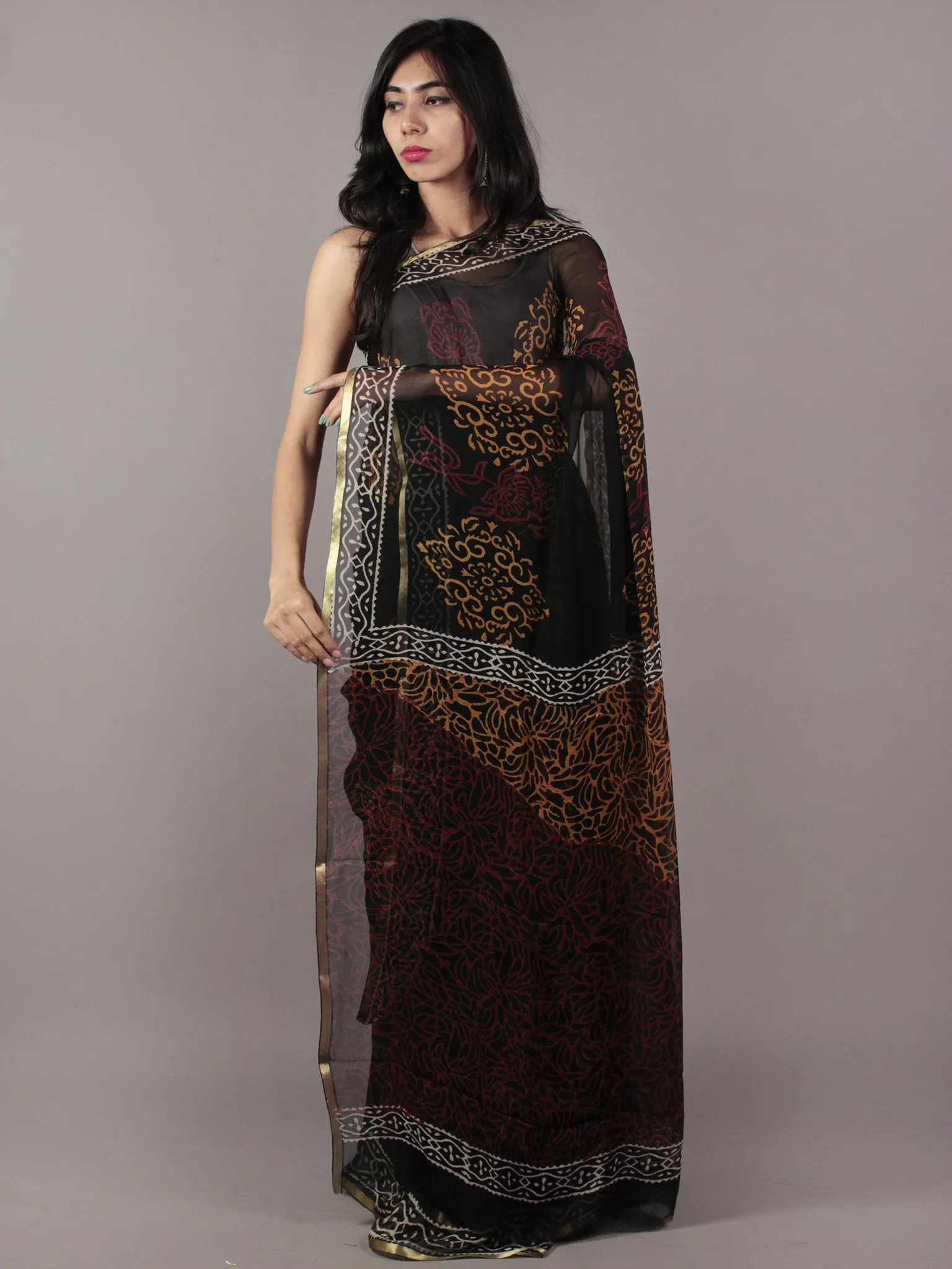 Black Red and Yellow Hand Block Printed Chiffon Saree - S031701846