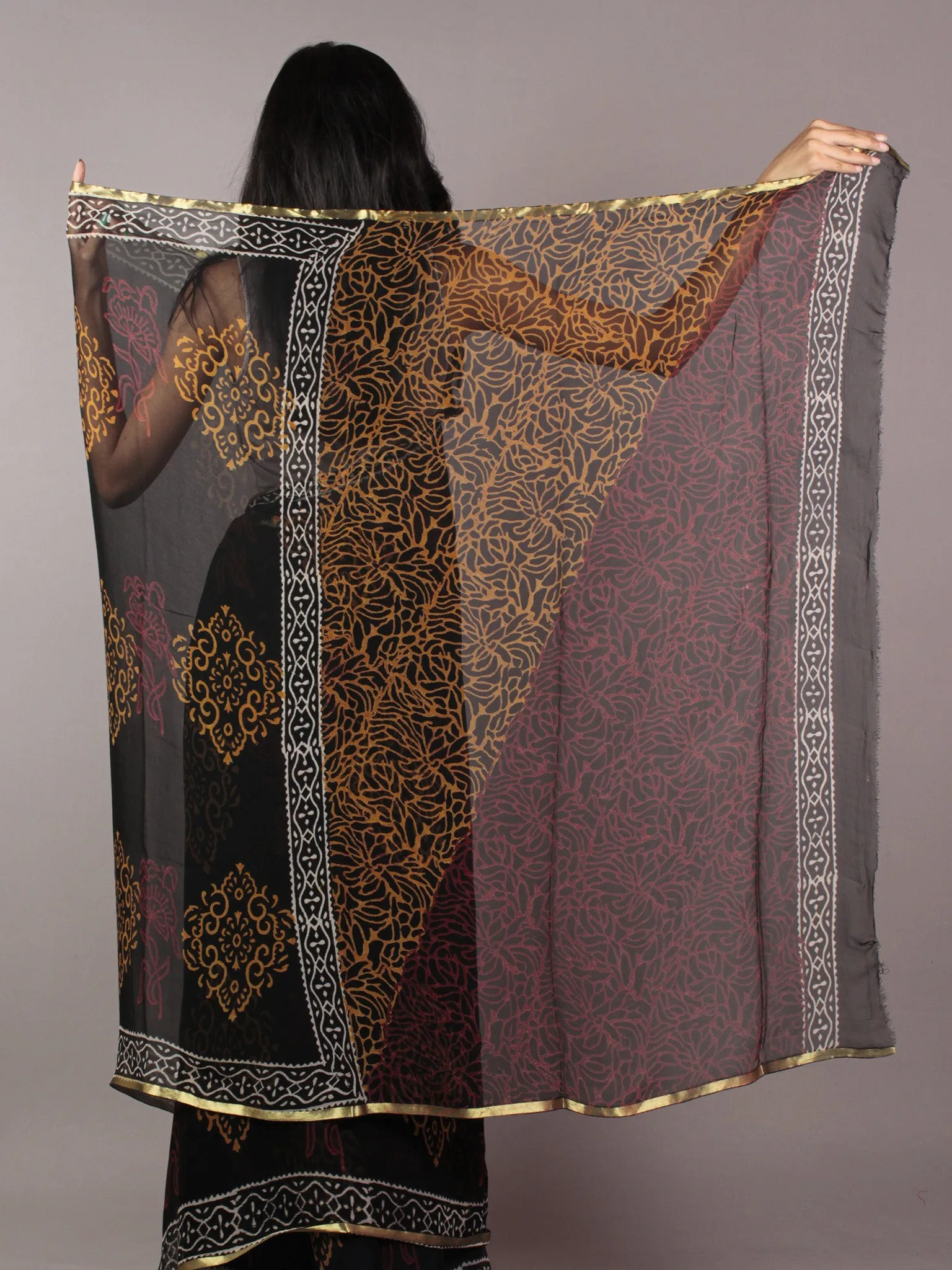 Black Red and Yellow Hand Block Printed Chiffon Saree - S031701846