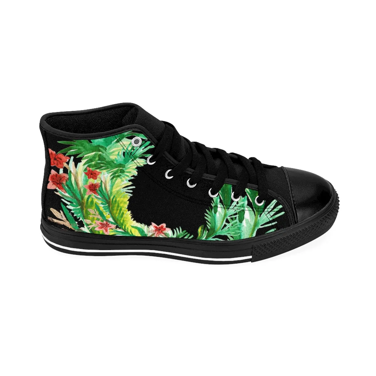 Black Red Floral Men's Sneakers, Fall Floral Print Designer High-top Running Tennis Shoes