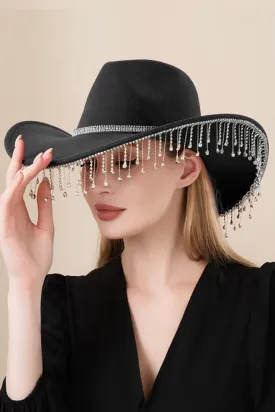 Black Rhinestone Band Paved Fringe Cowboy Western Hat