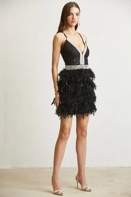 Black Rhinestone Pearl Trim Feather Dress