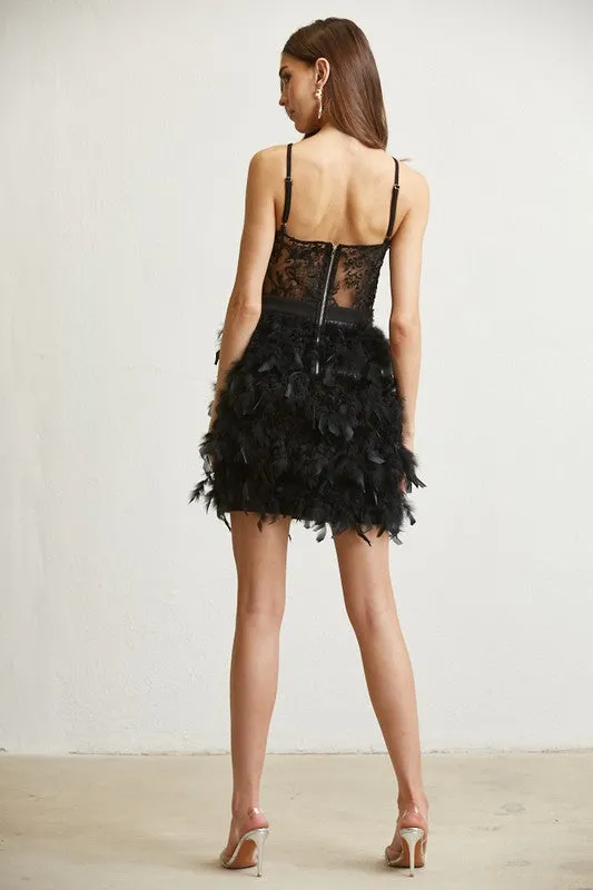 Black Rhinestone Pearl Trim Feather Dress