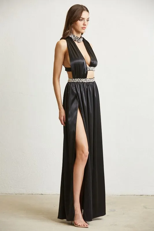 Black Rhinestone Trim Modern Cutout Dress