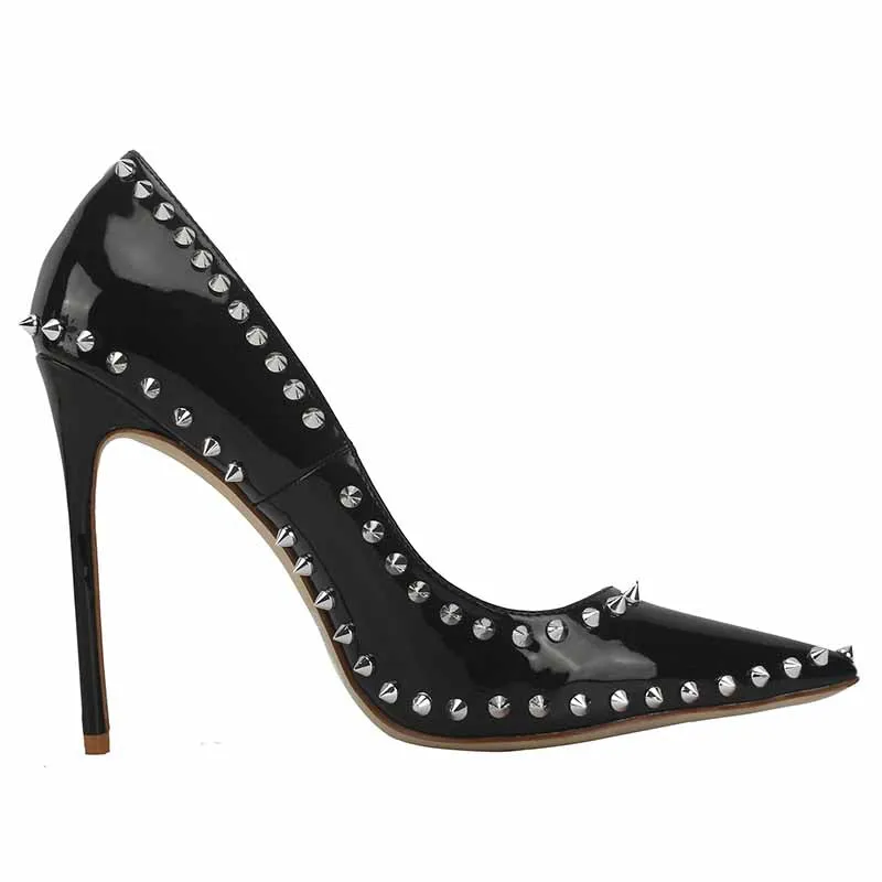 Black Rivet Studded Pointed Toe Slip on Sexy High Heel Pump Shoes