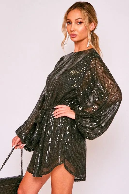 Black Round Neck Balloon Sleeve Sequin Dress