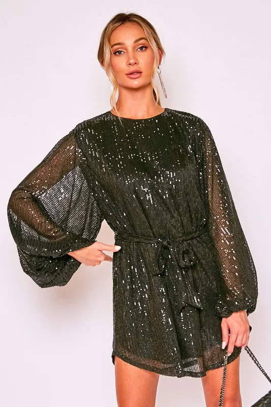 Black Round Neck Balloon Sleeve Sequin Dress