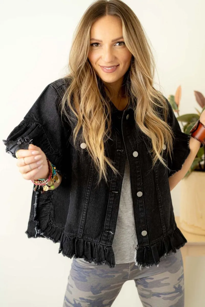 Black Ruffled Short Sleeve Denim Jacket