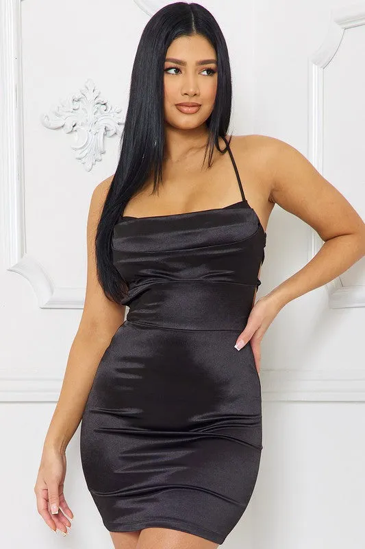 Black Satin Criss Cross Open Back Mini Dress