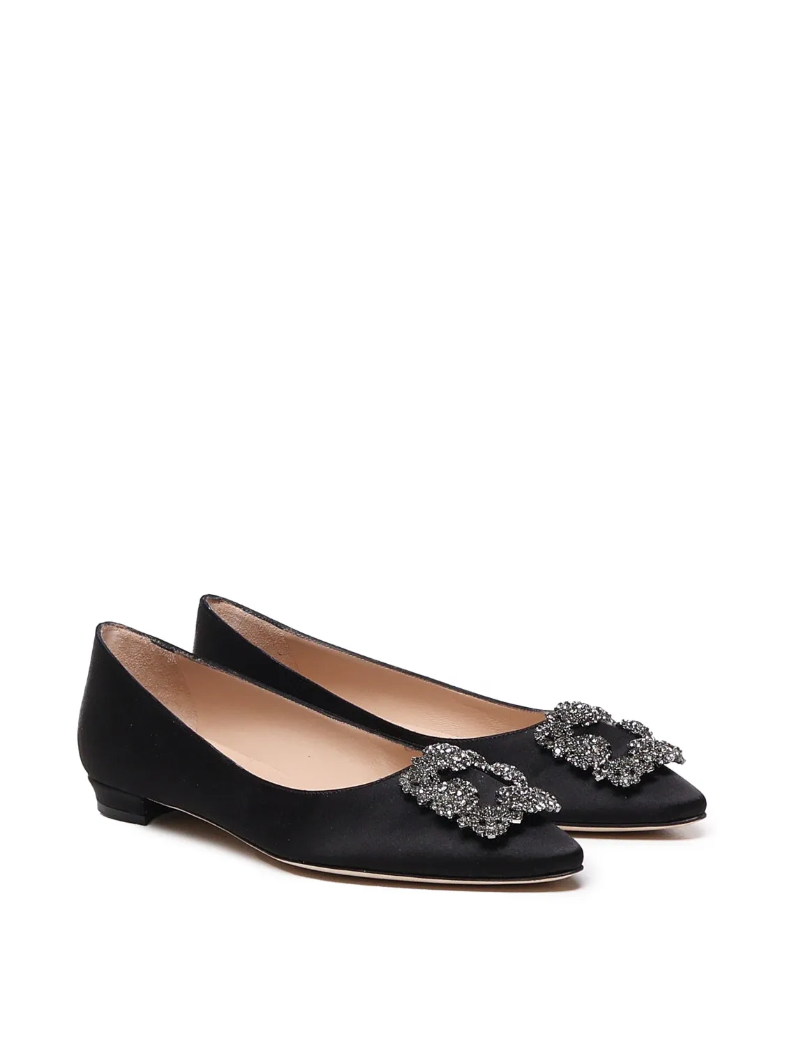 Black Satin Flat Pumps with Buckle