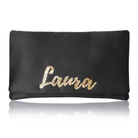 Black satin personalised name clutch