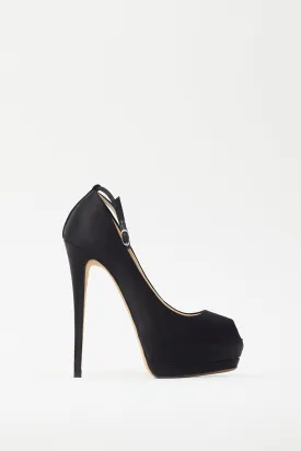 Black Satin Platform Peep Toe Heel