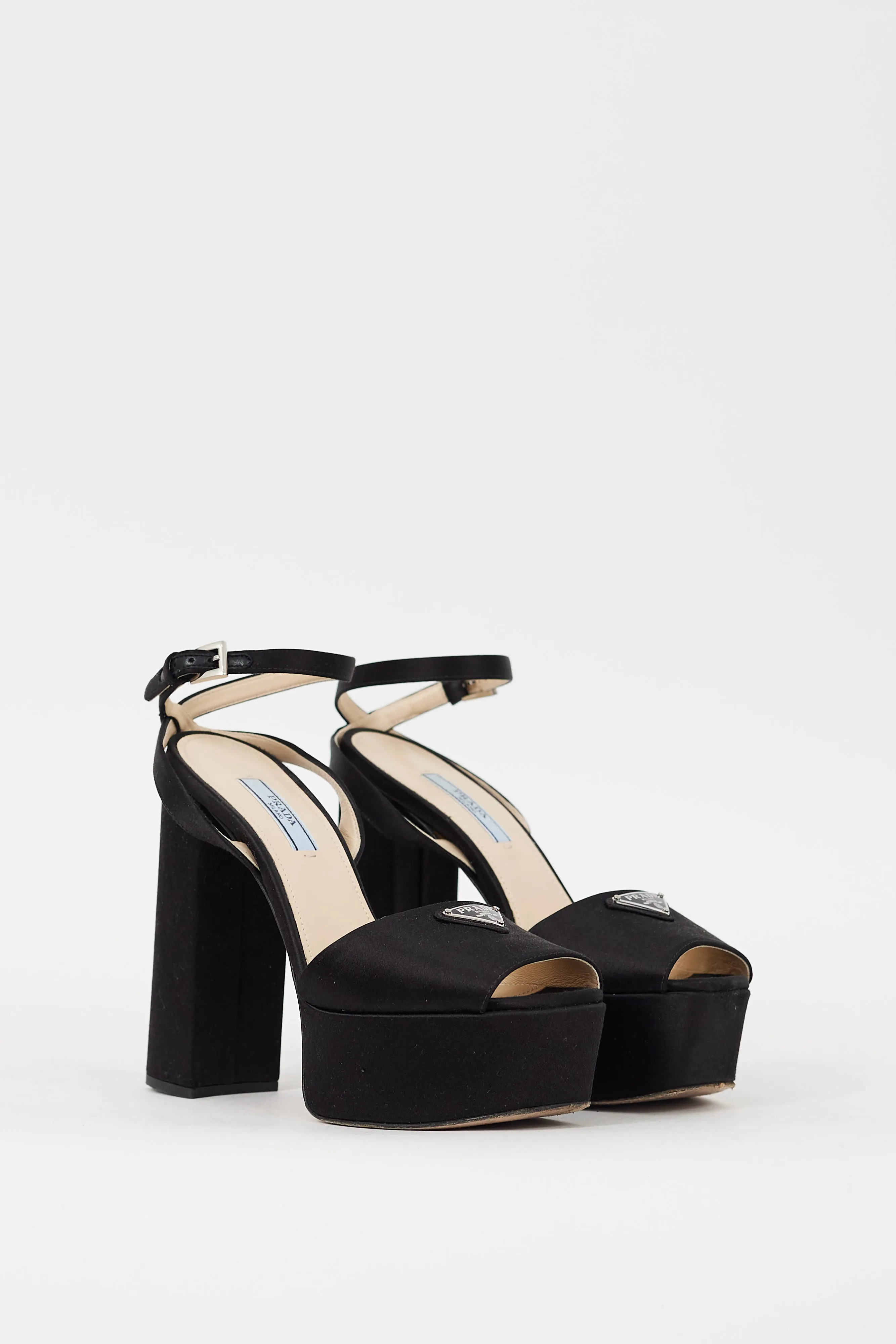 Black Satin Triangle Logo Platform Heel