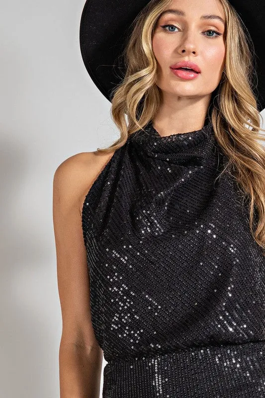 Black Sequin Open Back Mini Dress