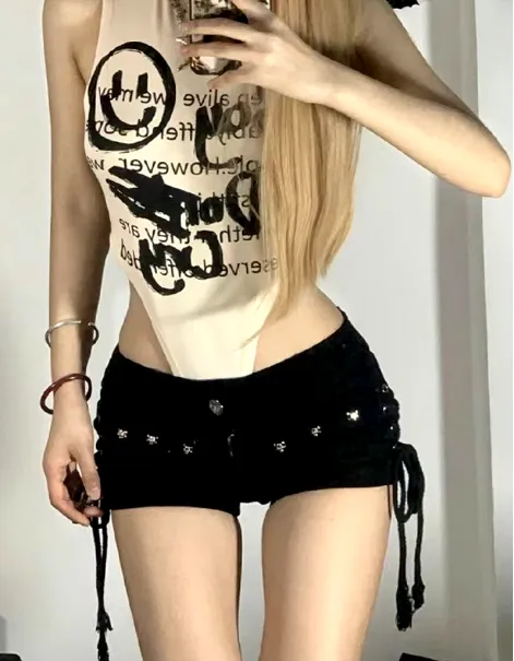 Black Skull Studded Shorts With Tie Sides