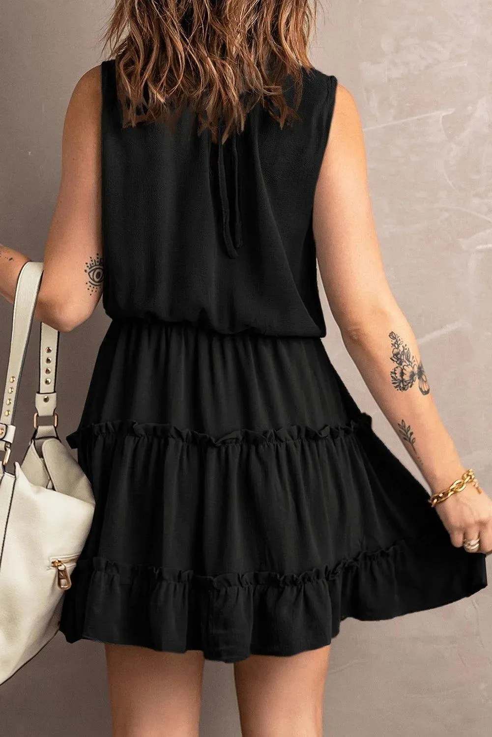 Black Sleeveless V Neck Ruffled Swing Mini Dress