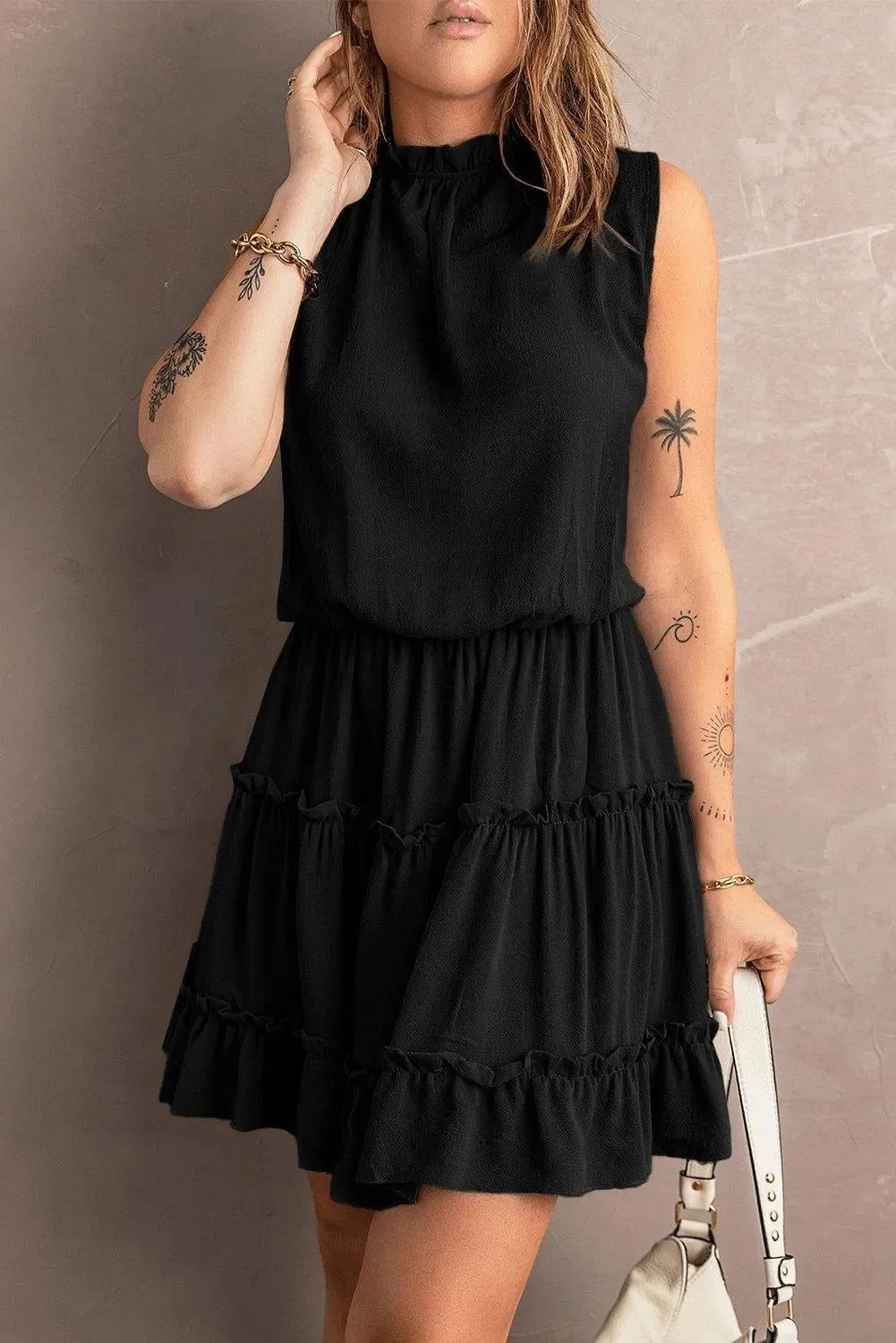 Black Sleeveless V Neck Ruffled Swing Mini Dress