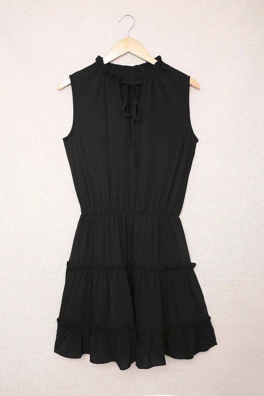 Black Sleeveless V Neck Ruffled Swing Mini Dress