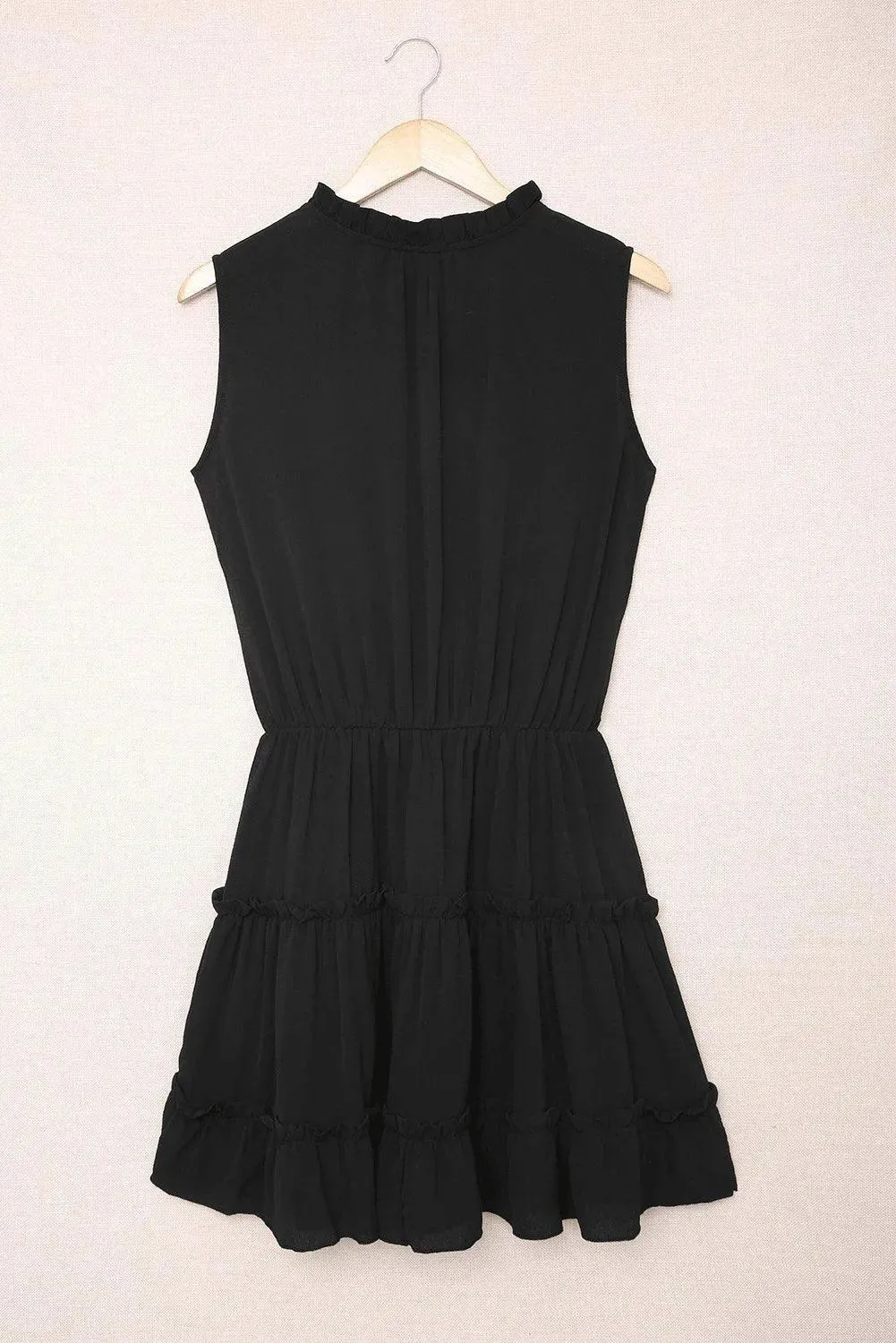 Black Sleeveless V Neck Ruffled Swing Mini Dress