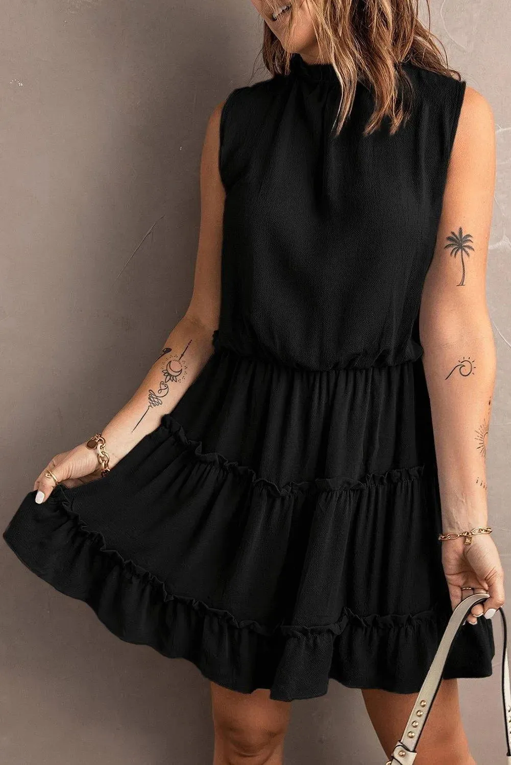 Black Sleeveless V Neck Ruffled Swing Mini Dress