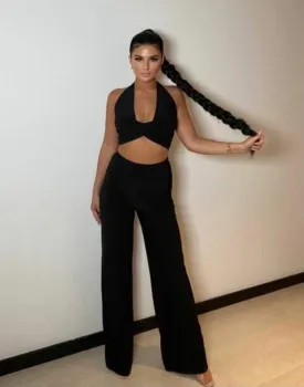 Black Slinky Halterneck Crop Top & Wide Leg Trousers