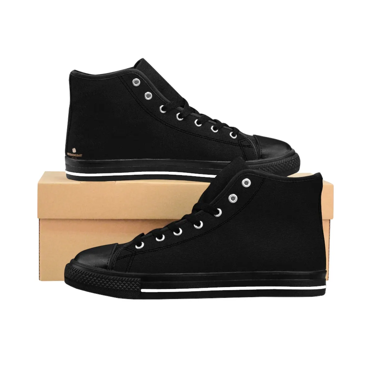 Black Solid Color Women's Sneakers, Modern Minimalist High Top Designer Running Shoes